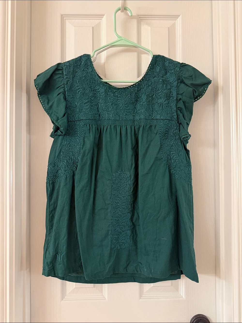 Embroidered Flutter-Sleeve Women's Top - dark green